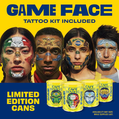 Café Bustelo Espresso Style Dark Roast Ground Coffee, Limited Edition Game Face Design, Tattoo Kit Included, 10 Oz. Can