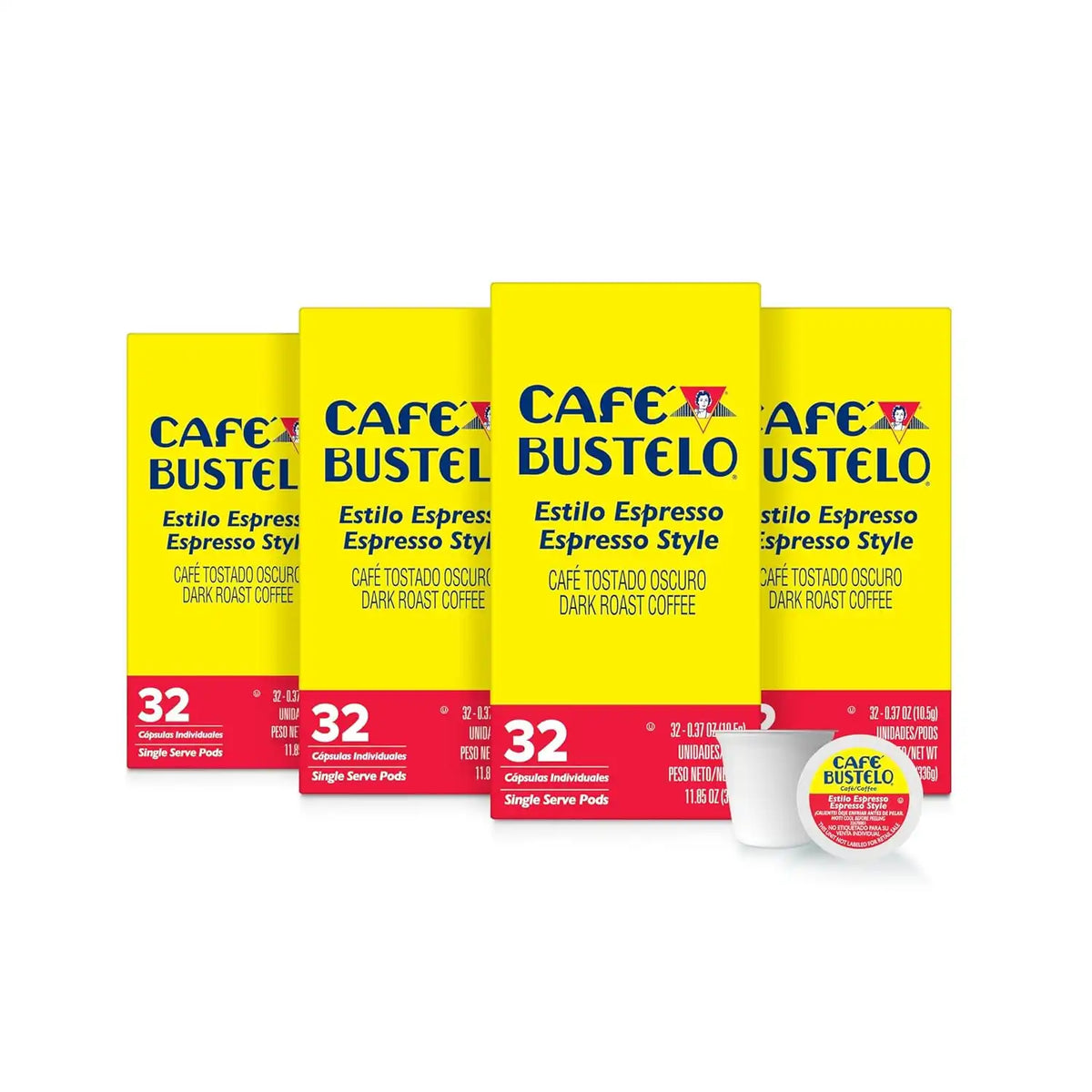 Café Bustelo Espresso Style Dark Roast, Single Serve Coffee Pods, 32 Count (Pack of 4)
