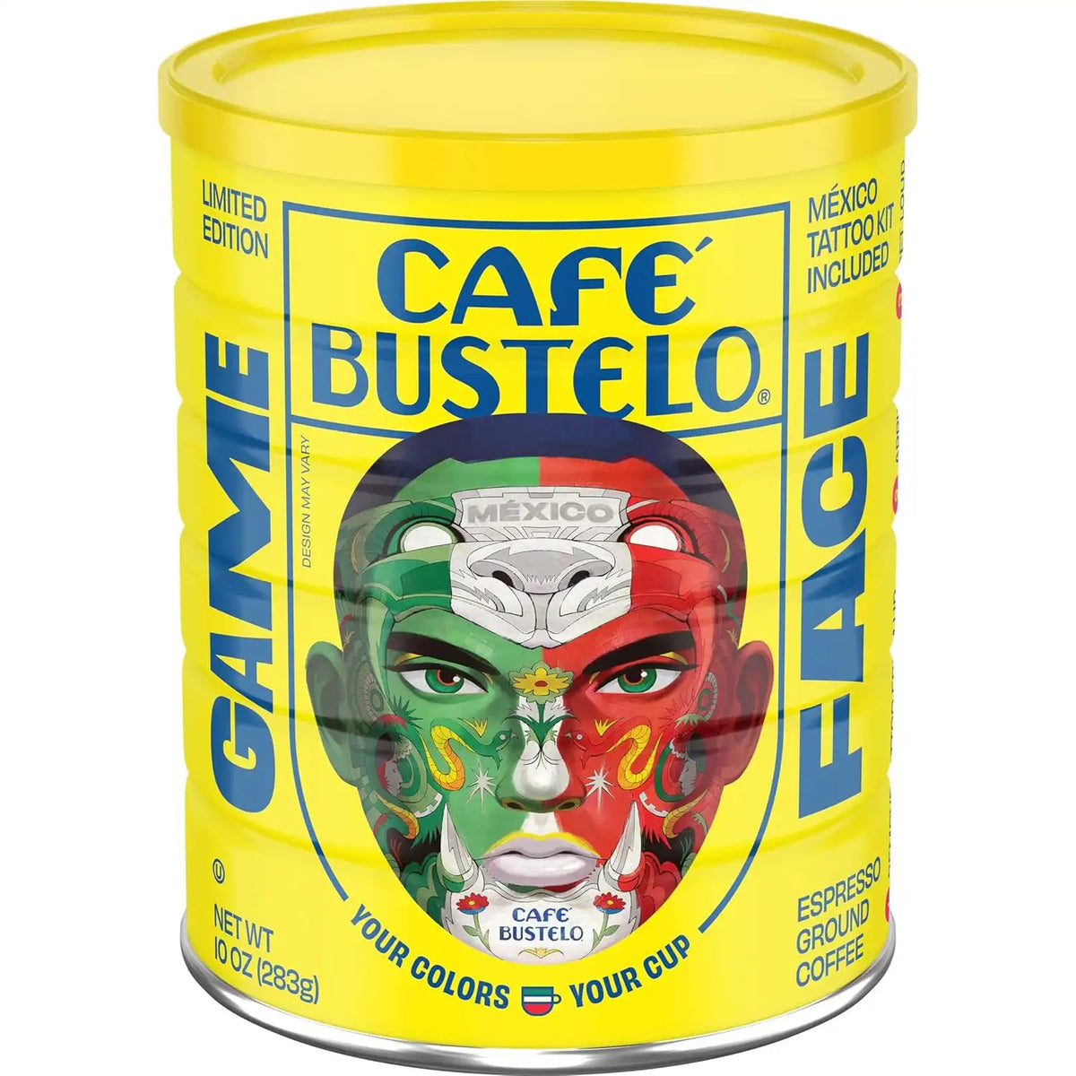 Café Bustelo Espresso Style Dark Roast Ground Coffee, Limited Edition Game Face Design, Tattoo Kit Included, 10 Oz. Can