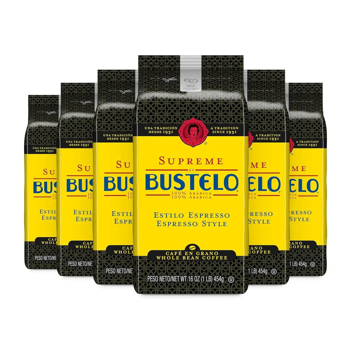 Café Bustelo Supreme by Bustelo Espresso Style Dark Roast Whole Bean Coffee, 16 Ounce (Pack of 6)